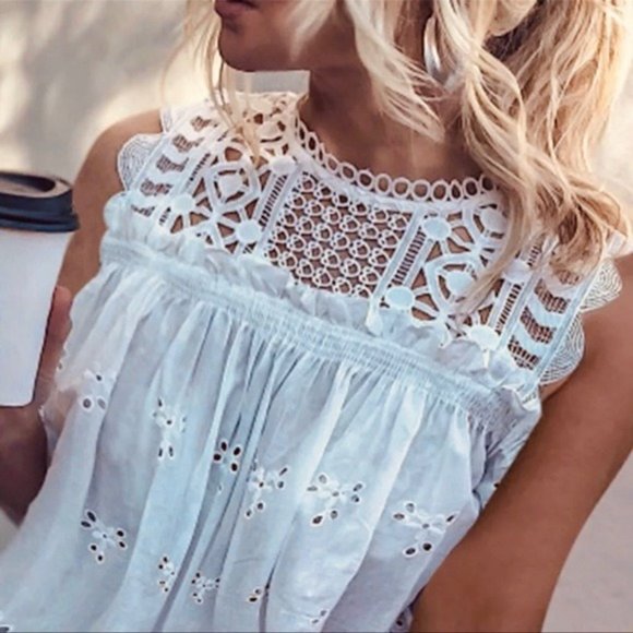 White Eyelet Boho Babydoll Top Blouse Sleeveless Crochet Lace Shirred Tank New! - Picture 2 of 7
